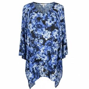 NEW Slim Factor by Investments Blue Floral V Neck 3/4 Sleeve Tunic Top Women L